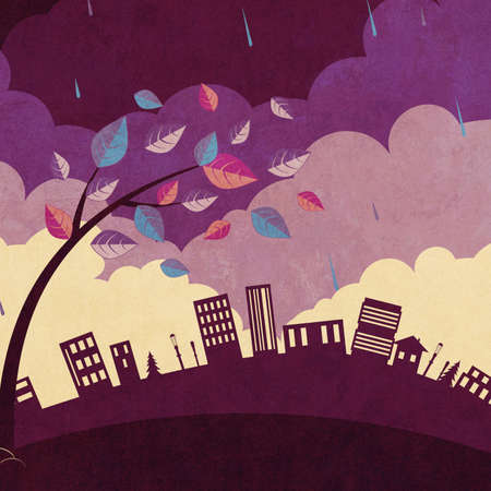 Cartoon tree in the storm and distant city, windy weather textured.の写真素材