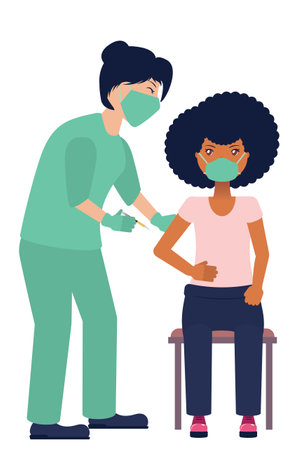 Cartoon nurse and black woman wearing a face mask getting vaccination shot injection.のイラスト素材
