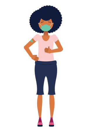 Cartoon black woman wears a face mask with a bandage from vaccination shot injection.のイラスト素材