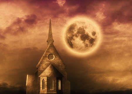 Ancient 3d catholic church and full moon, 3d digital illustration, elements of this image are furnished by NASA.の写真素材