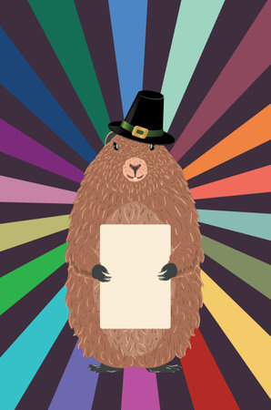 Cute cartoon groundhog over colorful retro rays background.のイラスト素材