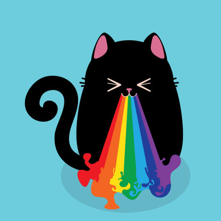 Greeting card with black cat throwing up rainbow illustration.のイラスト素材