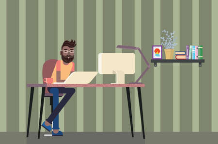 Cartoon man working at office desk, work from home concept.のイラスト素材