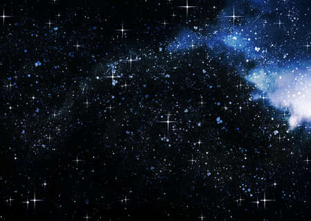 Abstract dark blue space background with glowing stars and clouds illustration.の写真素材