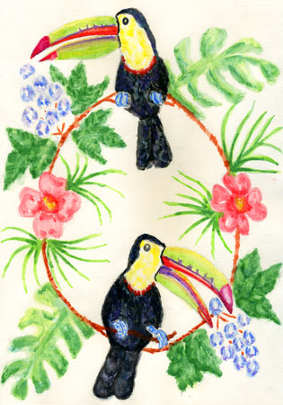 Cartoon toucan bird with tropical plants hand drawn illustration.の写真素材
