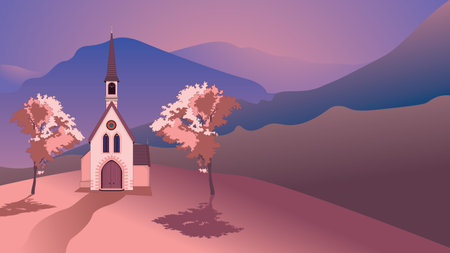 Ancient catholic church building in the mountains at sunrise illustration.のイラスト素材