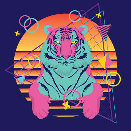 Abstract tiger with geometric elements, retro style illustration.のイラスト素材