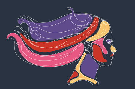 Abstract line art female portrait in profile with colorful shapes illustration.