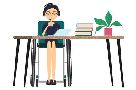 The businesswoman is sitting in the wheelchair work on laptop illustration.のイラスト素材