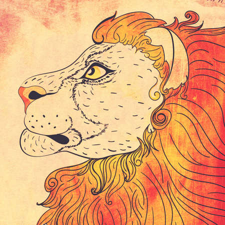 Abstract lion head, portrait in profile retro style texture illustration.の写真素材