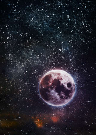 Big 3d full moon on the starry sky background, 3d digital illustrationの写真素材