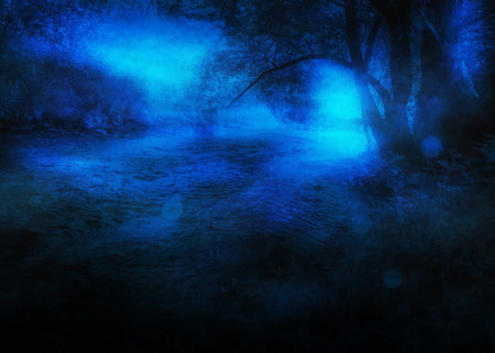 Abstract night forest and a small river, a fantasy landscape.の写真素材