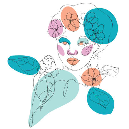 Decorative colorful abstract floral shapes and line art woman portrait, modern retro style.のイラスト素材