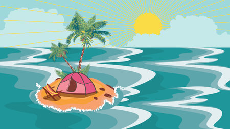 Small island in the ocean, palm trees and sun lounger, vacation background.のイラスト素材