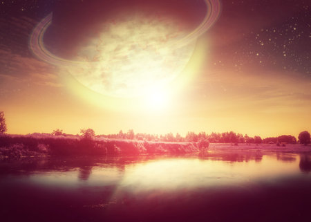 Fantasy sunset on the rural river and planet landscape. Photo manipulation
