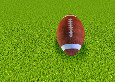 Digitally rendered rugby ball on the green grass background.