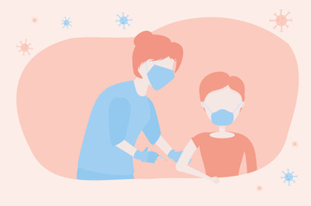 Cartoon nurse and woman wearing a face mask getting vaccination shot injection.のイラスト素材