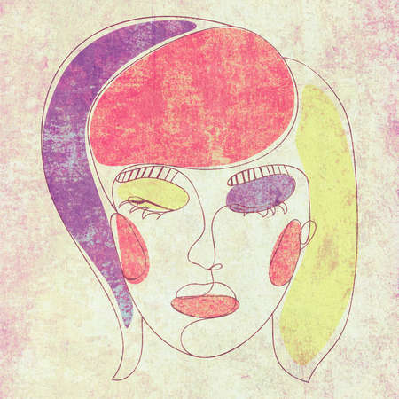 Contemporary line art style female portrait with colorful abstract shapes grunge illustration.の写真素材