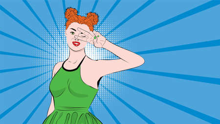 Cartoon young ginger girl showing two fingers up in peace or victory sign, V letter, retro pop art styleのイラスト素材