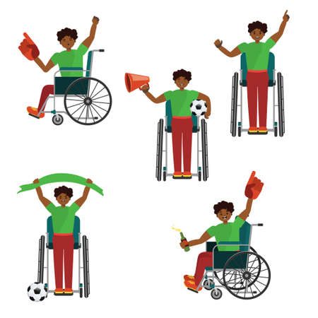 Cartoon afro american soccer or football fan in wheelchair illustration.のイラスト素材