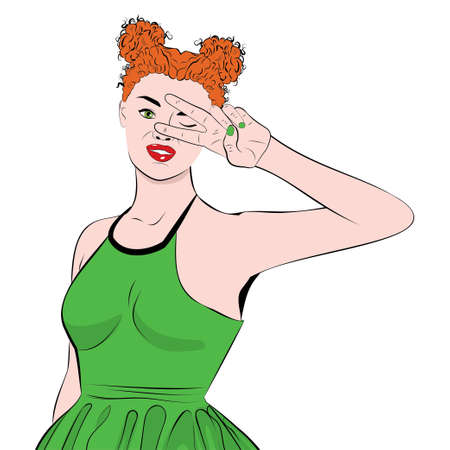 Cartoon young ginger girl showing two fingers up in peace or victory sign, V letter, retro pop art styleのイラスト素材