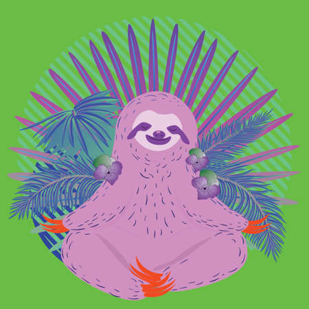 Cute cartoon sloth bear in a yoga pose with a tropical leaves illustration.のイラスト素材