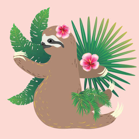Cute cartoon sloth bear in a yoga pose with a tropical leaves illustration.のイラスト素材