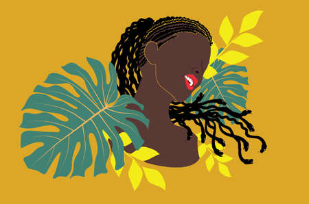 Abstract afro american black skin girl portrait with snake hair and tropical leaves illustration.のイラスト素材