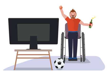Cartoon disabled man in red shirt in wheelchair watching TV, soccer or football fan illustration.のイラスト素材