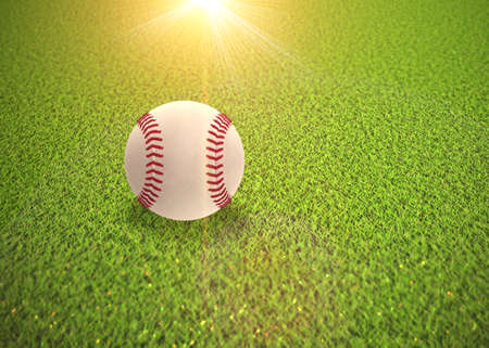 Digitally rendered baseball or softball ball on the green grass background.の写真素材