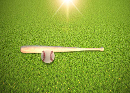 Digitally rendered baseball or softball ball on the green grass background.の写真素材