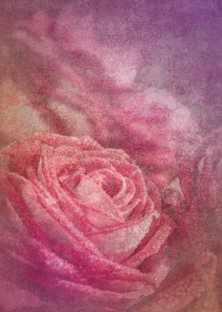 Decorative bouquet of bright red roses, retro paper textured anniversary, greeting card background.