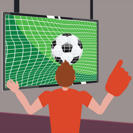Cartoon man in red shirt in wheelchair watching TV, soccer or football fan illustration.のイラスト素材
