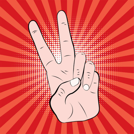 Cartoon hand with two fingers up in peace or victory sign, V letter, retro pop art styleのイラスト素材