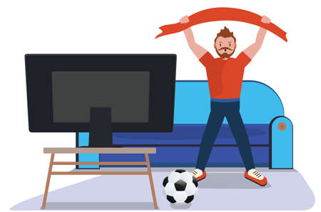 Cartoon man in red shirt in wheelchair watching TV, soccer or football fan illustration.のイラスト素材