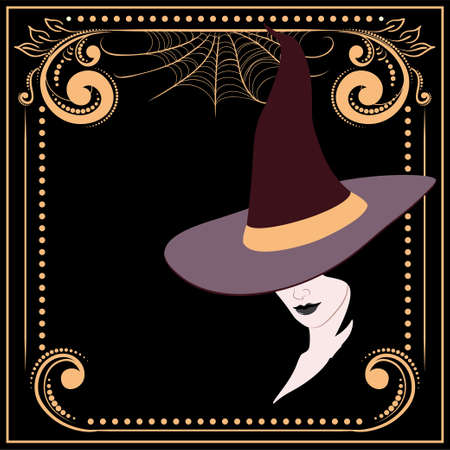 Abstract face and big witch hat with floral, Halloween themed illustration.のイラスト素材