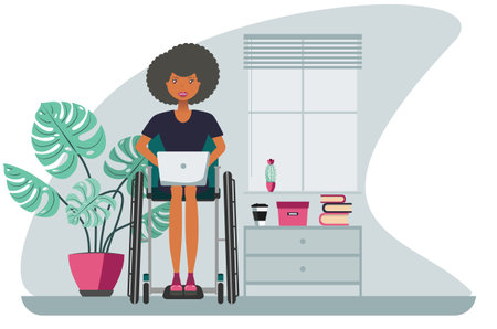 The businesswoman is sitting in the wheelchair work on laptop in the room illustration.のイラスト素材