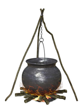 Digitally rendered old metal cauldron on bonfire, 3d illustration.の写真素材