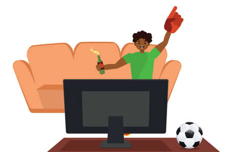 Cartoon afro american soccer or football fan watching tv illustration.のイラスト素材