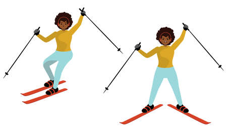 Abstract cartoon woman riding on ski, winter activity illustration.のイラスト素材