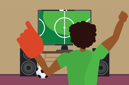 Cartoon afro american soccer or football fan watching tv illustration.のイラスト素材