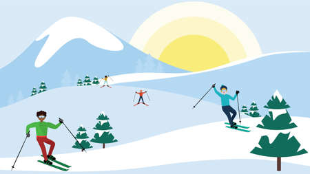 Winter snowy mountains with evergreen trees and skiing people cartoon landscape.のイラスト素材