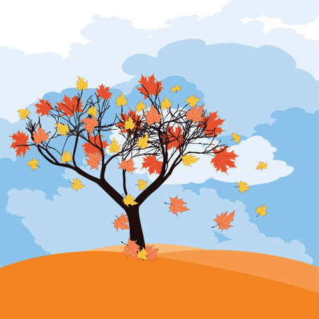 Abstract maple tree with falling autumn leaves over blue sky background.のイラスト素材