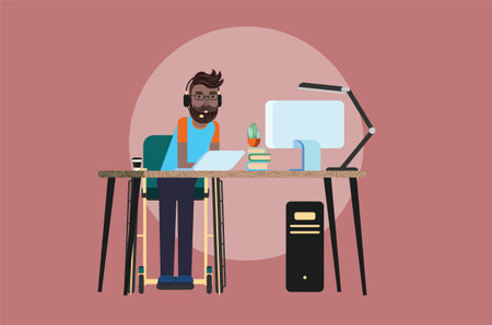 The businessman is sitting in the wheelchair work on laptop illustration.