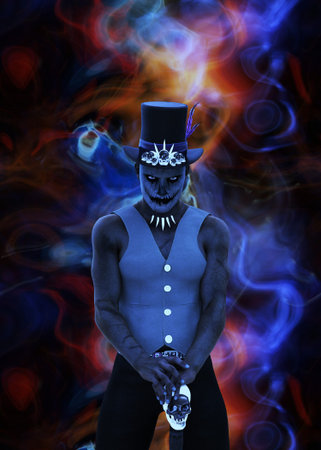 Voodoo shaman, african wizard man conjure, 3D illustration.