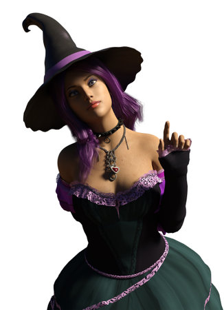 Digitally rendered woman with purple hair and eyes in witch hat ready for Halloween, 3d illustration.の写真素材