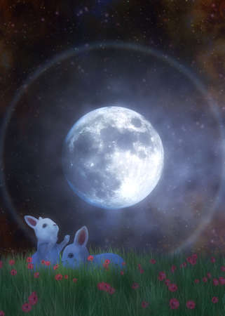Cute white bunny in the grassland and full moon . 3D illustration.の写真素材