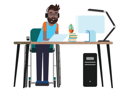 The businessman is sitting in the wheelchair work on laptop illustration.のイラスト素材
