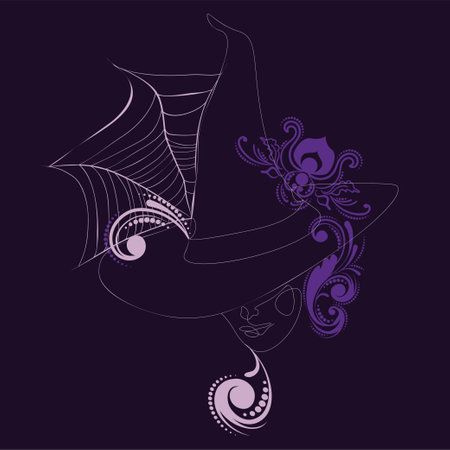 Abstract face and witch hat with floral in line art style.のイラスト素材
