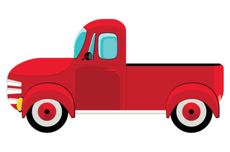 Retro farmer red pickup truck, vintage transport illustration.のイラスト素材